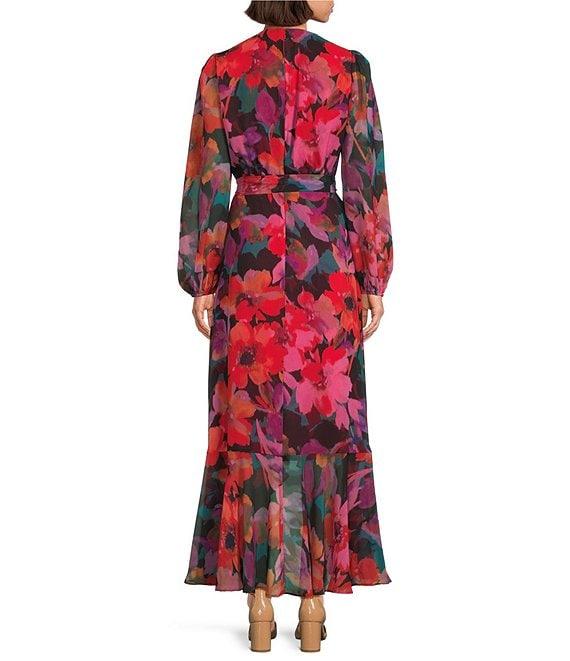 Alex Marie Diana Chiffon Floral Print V-Neck Long Blouson Sleeve Tie Waist Hi-Low Flounce Wrap Maxi Dress Product Image