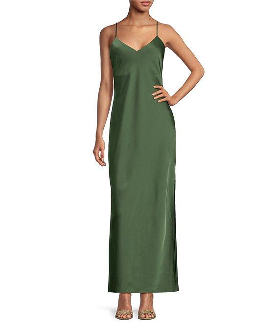 Gianni Bini Haven Satin V-Neck Sleeveless Maxi Slip Dress Product Image