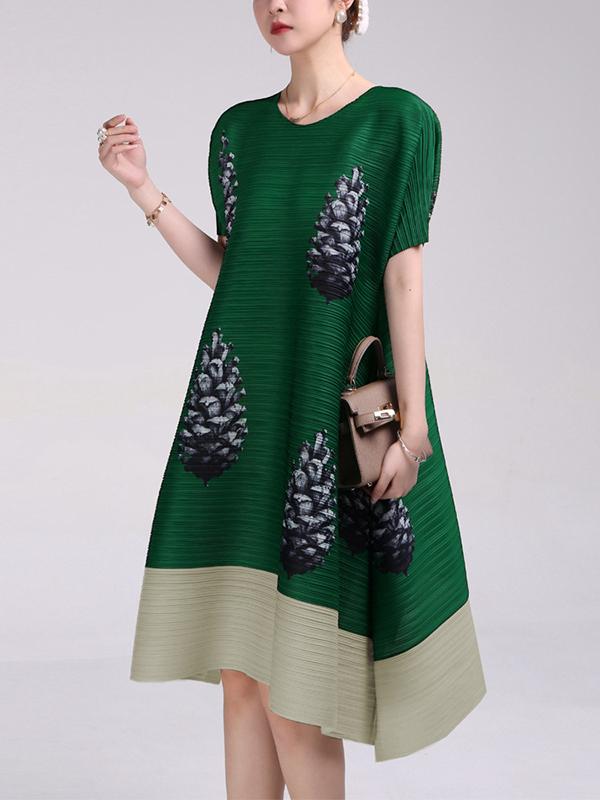 A-Line Loose Flower Print Pleated Round-Neck Midi Dresses Product Image