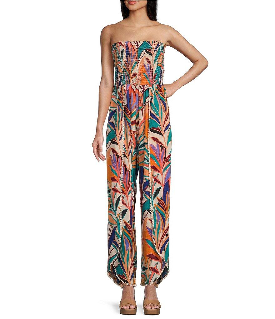Angie Tropical Print Strapless Smocked Bodice Slit Leg Jumpsuit Product Image