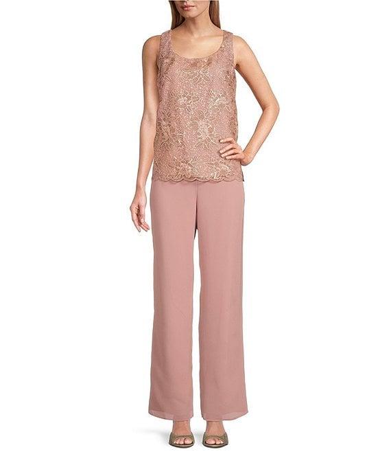 Le Bos 3-Piece 3/4 Bell Sleeve Embroidered Metallic Scallop Hem Scoop Neck Duster Pant Set Product Image