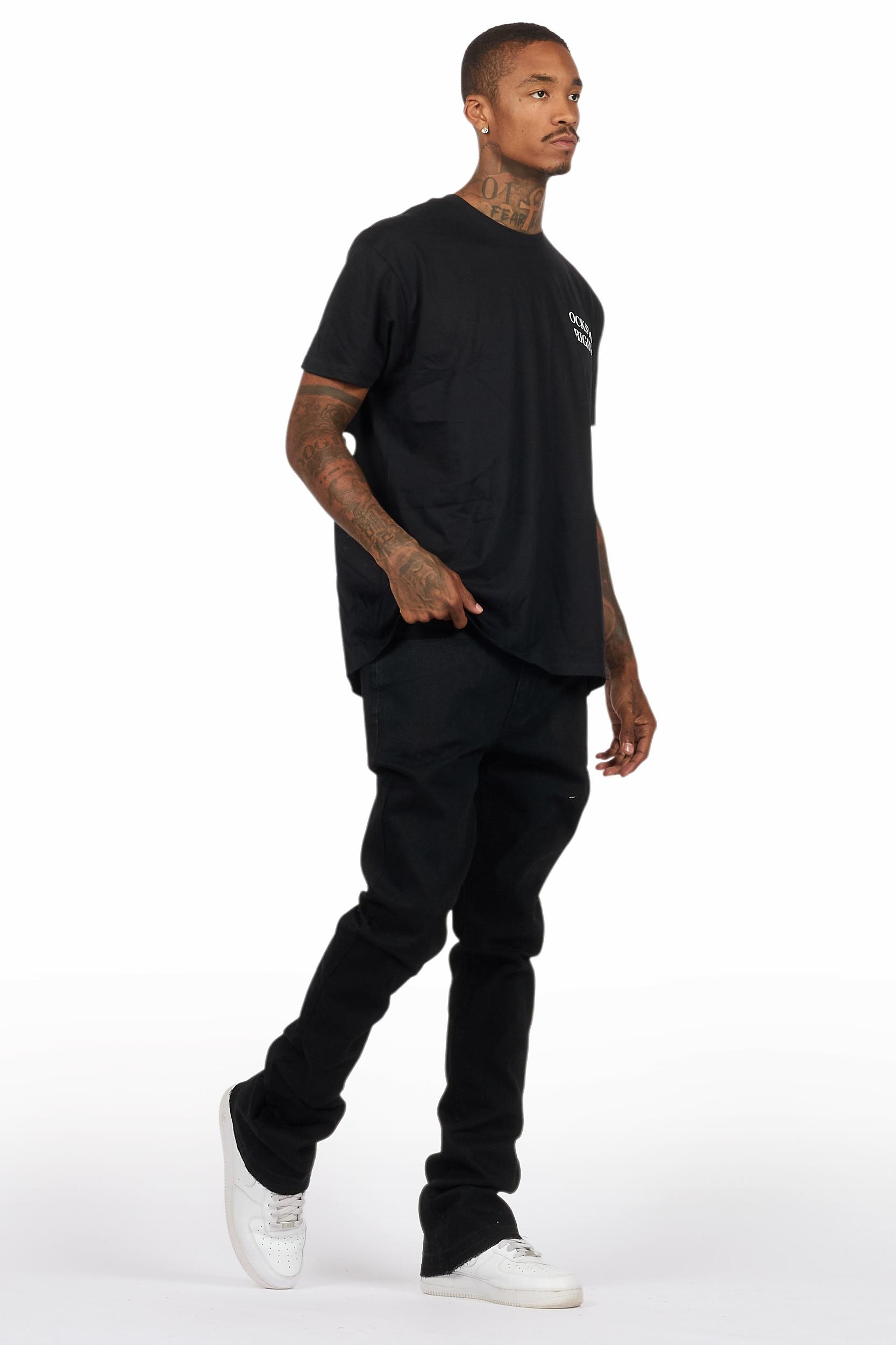 Drako Black/White Oversized Graphic T-Shirt/Dag Stacked Flare Jean Set Male Product Image