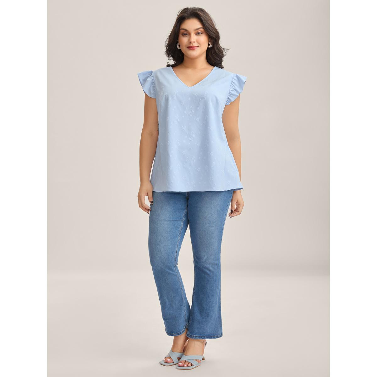 Plus Size Floral Print Textured Flutter Sleeve Tank Top Women LightBlue Texture V-neck Everyday-Elegant Tank Tops Camis BloomChic 28/5X Product Image