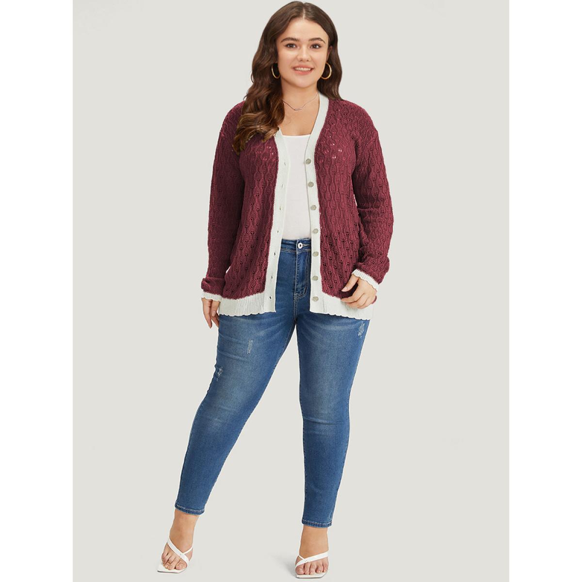 Plus Size Two Tone Patchwork Cut Out Button Down Cardigan Burgundy Women Casual Loose Long Sleeve Work Cardigans BloomChic 14-16/1X Product Image