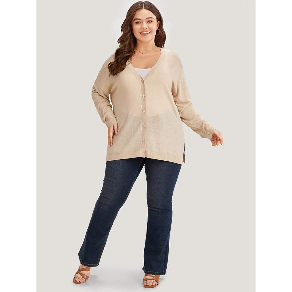 Plus Size Supersoft Essentials Solid Button Through Loose Cardigan Apricot Women Casual Loose Long Sleeve Everyday Cardigans BloomChic 28/5X Product Image