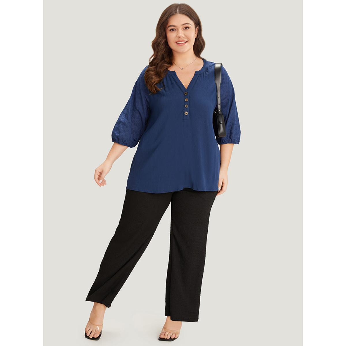 Plus Size Indigo Solid Button Up Patchwork Notched Lantern Sleeve Blouse Women Office Elbow-length sleeve Notched collar Office Blouses BloomChic 12/L Product Image