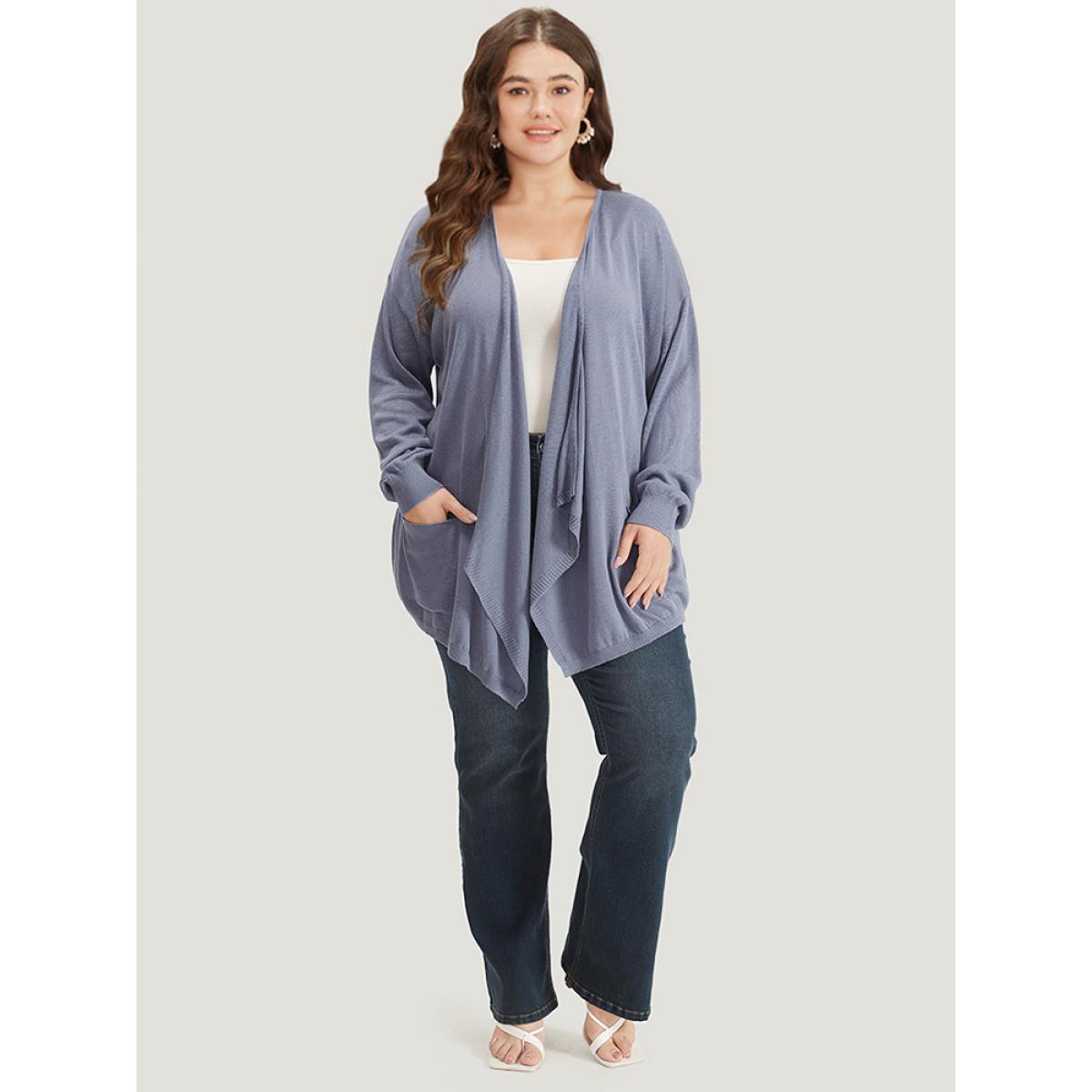 Plus Size Supersoft Essentials Solid Lapel Collar Patched Pocket Cardigan Stone Women Casual Loose Long Sleeve Dailywear Cardigans BloomChic 14-16/1X Product Image