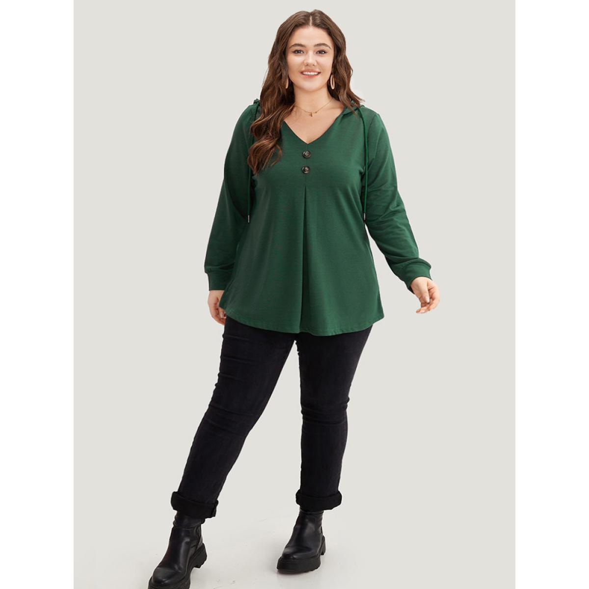 Plus Size Hooded Button Detail Plicated Detail Sweatshirt Women DarkGreen Casual Plain Hooded Everyday Sweatshirts BloomChic 14-16/1X Product Image