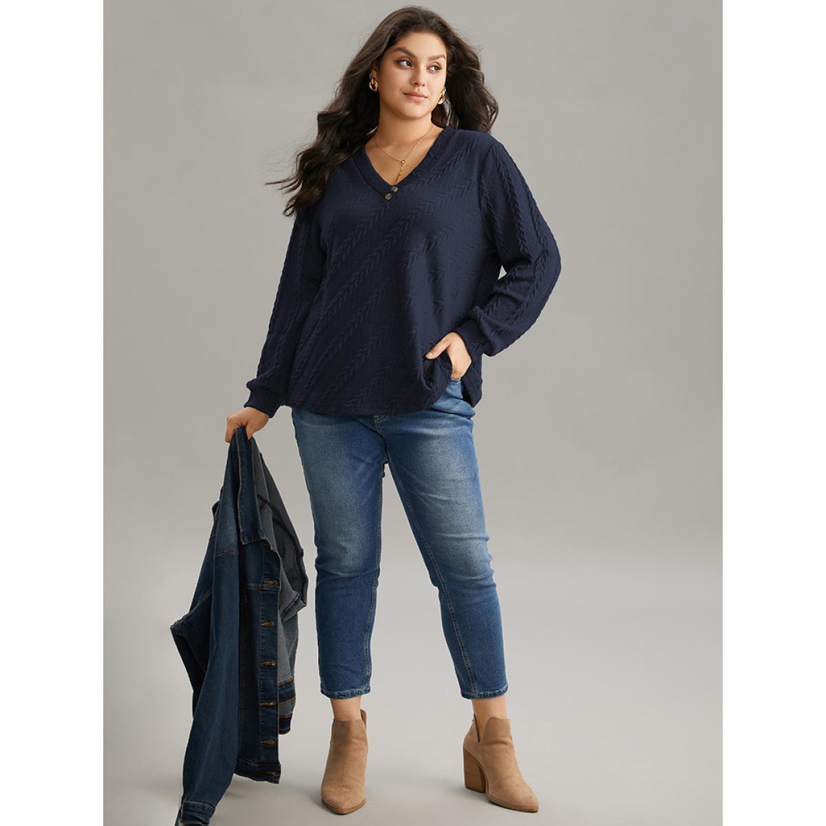 Plus Size Plisse Solid Button Detail Sweatshirt Women Indigo Elegant Texture V-neck Everyday Sweatshirts BloomChic 18-20/2X Product Image