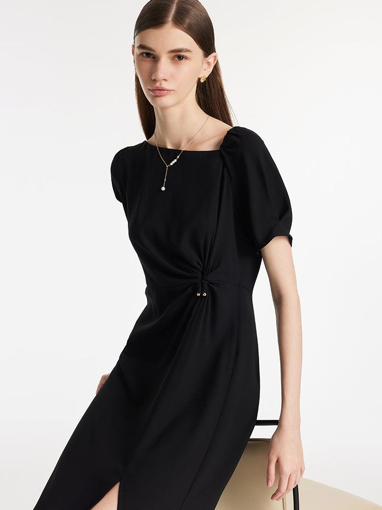 Acetate Asymmetric Neck Slit Twist Waist Women Midi Dress Product Image