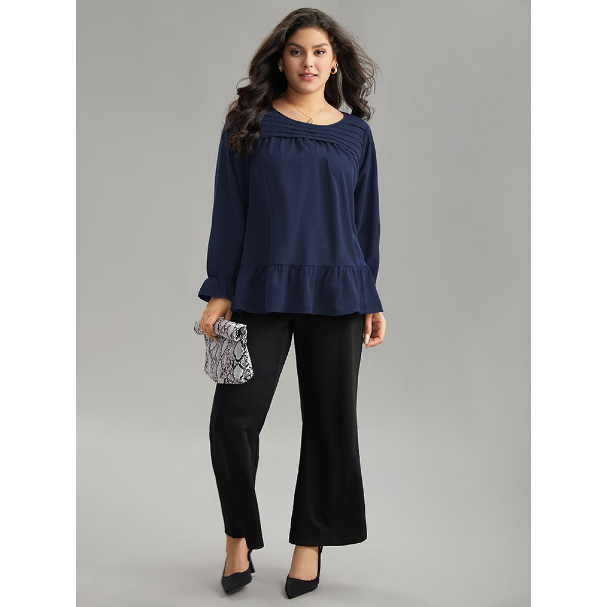 Plus Size Indigo Static-Free Plain Pleated Ruffles Lantern Sleeve Blouse Women Office Long Sleeve Round Neck Work Blouses BloomChic 12/L Product Image