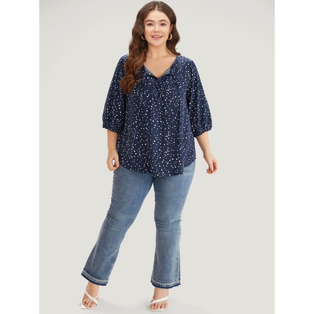 Plus Size Indigo Polka Dot Knot Neck Arc Hem Blouse Women Elegant Elbow-length sleeve Tie Neck Dailywear Blouses BloomChic 30/6X Product Image