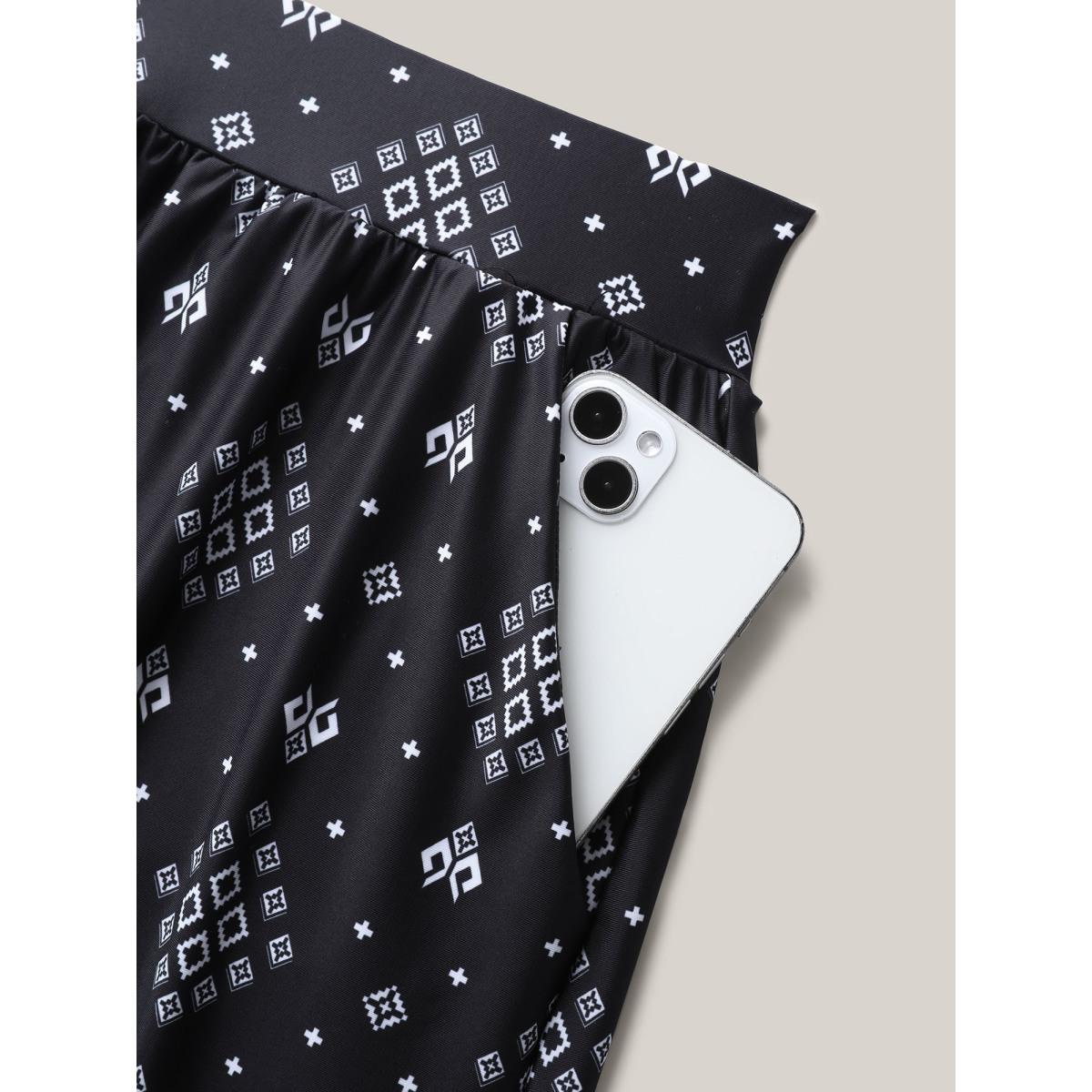 Plus Size Boho Print Pockets Swim Bottoms Women's Swimwear Black Resort Pocket High stretch Wide Leg High Rise Side seam pocket Curve Swim Bottoms BloomChic 10/M Product Image