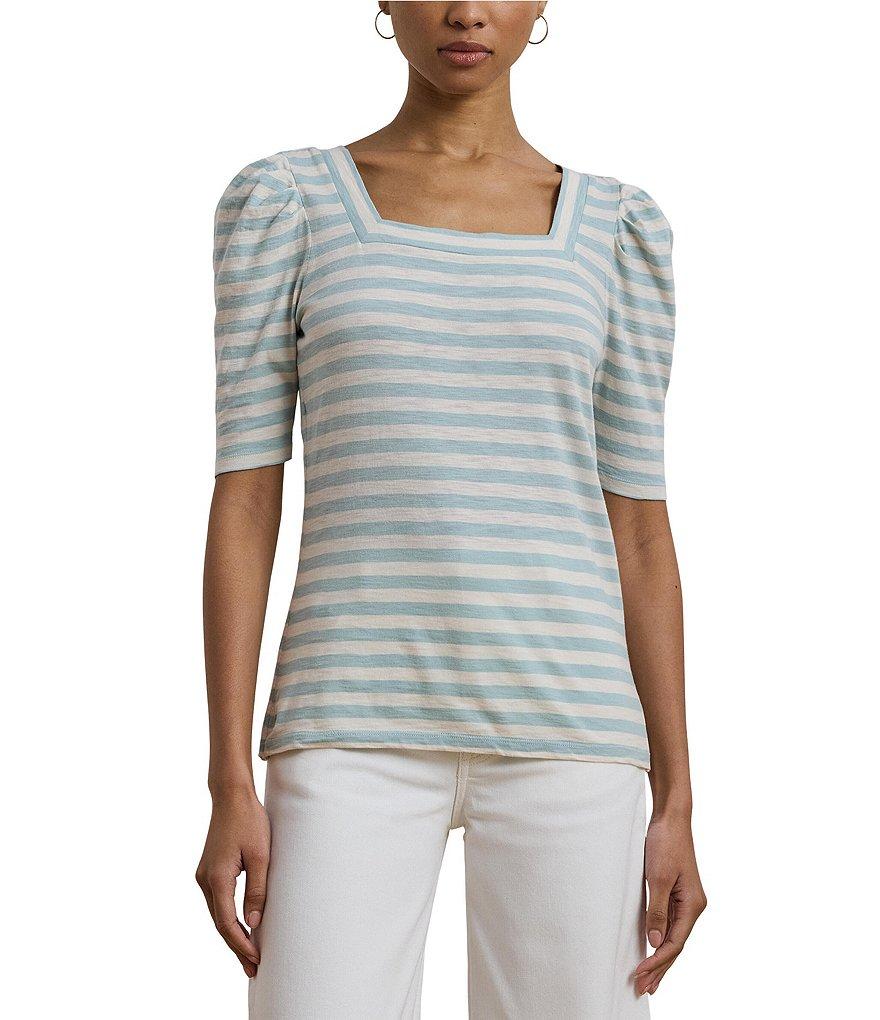 Lauren Ralph Lauren Cotton Jersey Striped Square Neck Short Puff Sleeve Top Product Image