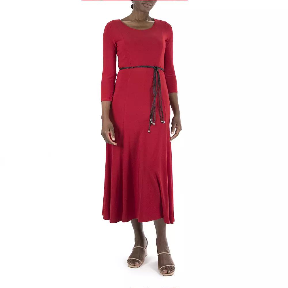 Women's Nina Leonard Three-Quarter Sleeve Belted Midi Dress,  Product Image