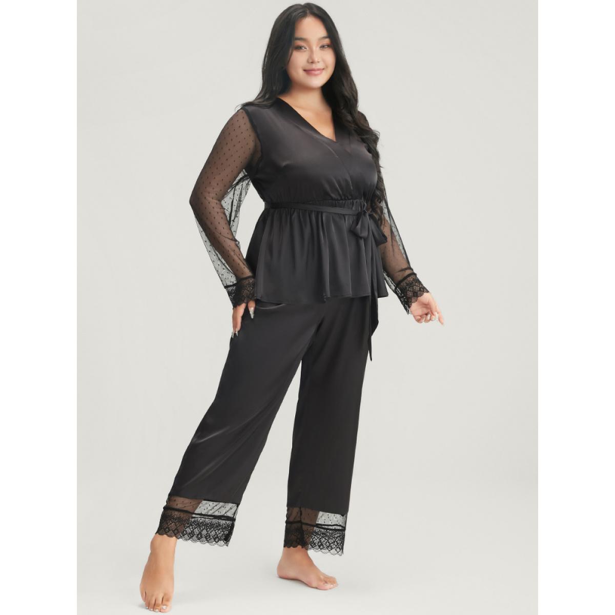 Plus Size Solid Mesh Lace Wrap Belted Pajama Set Women Black Plain Cross straps Long Sleeve V-neck Elegant Loungewear Sets BloomChic 26/4X Product Image