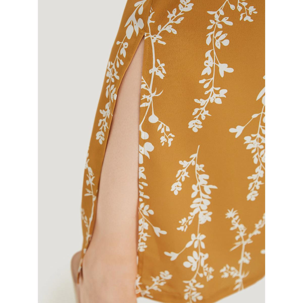 Plus Size Silhouette Floral Print Pocket Split Side Pants Women Yellow Elegant Straight Leg High Rise Dailywear Pants BloomChic 14-16/1X Product Image