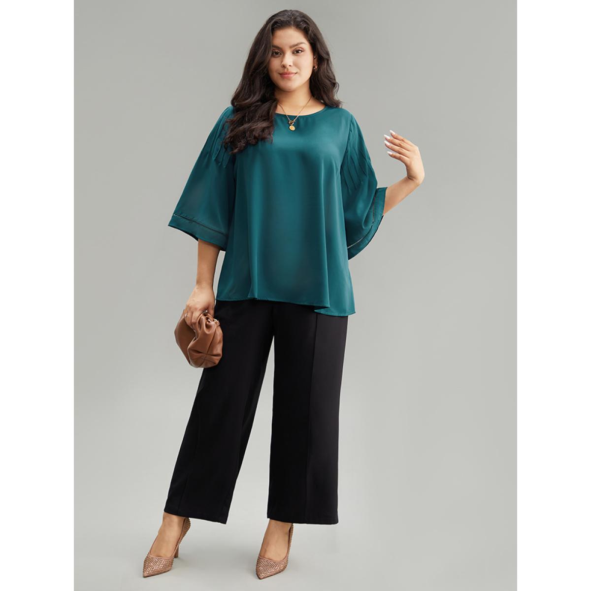 Plus Size Cyan Anti-Wrinkle Pleated Detail Flounce Sleeve Blouse Women Office Half Sleeve Round Neck Work Blouses BloomChic 28/5X Product Image