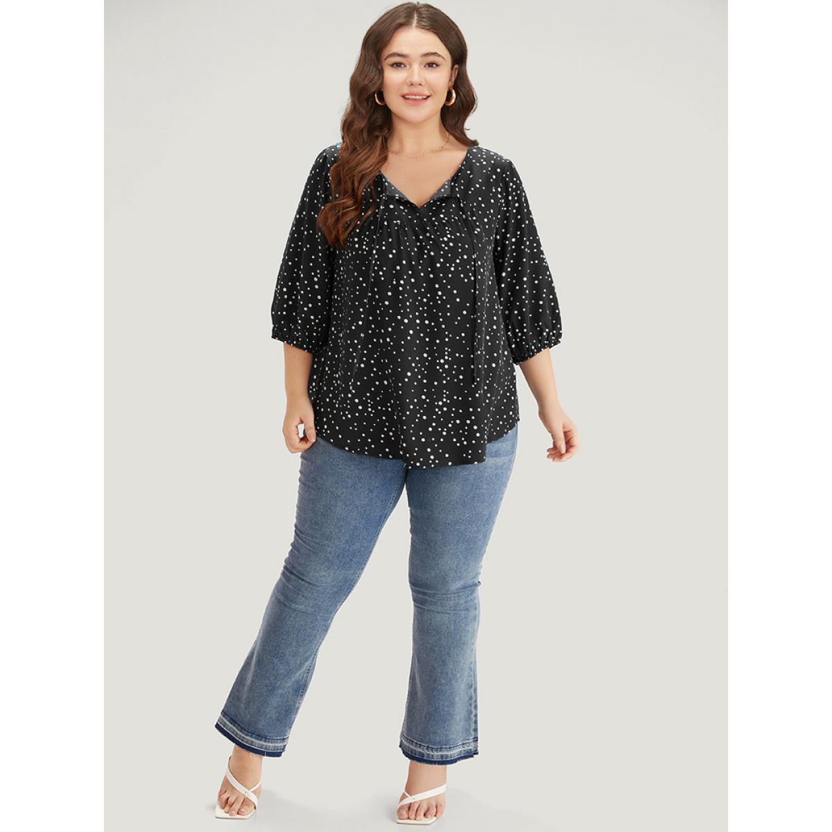Plus Size Black Polka Dot Knot Neck Arc Hem Blouse Women Elegant Elbow-length sleeve Tie Neck Dailywear Blouses BloomChic 30/6X Product Image