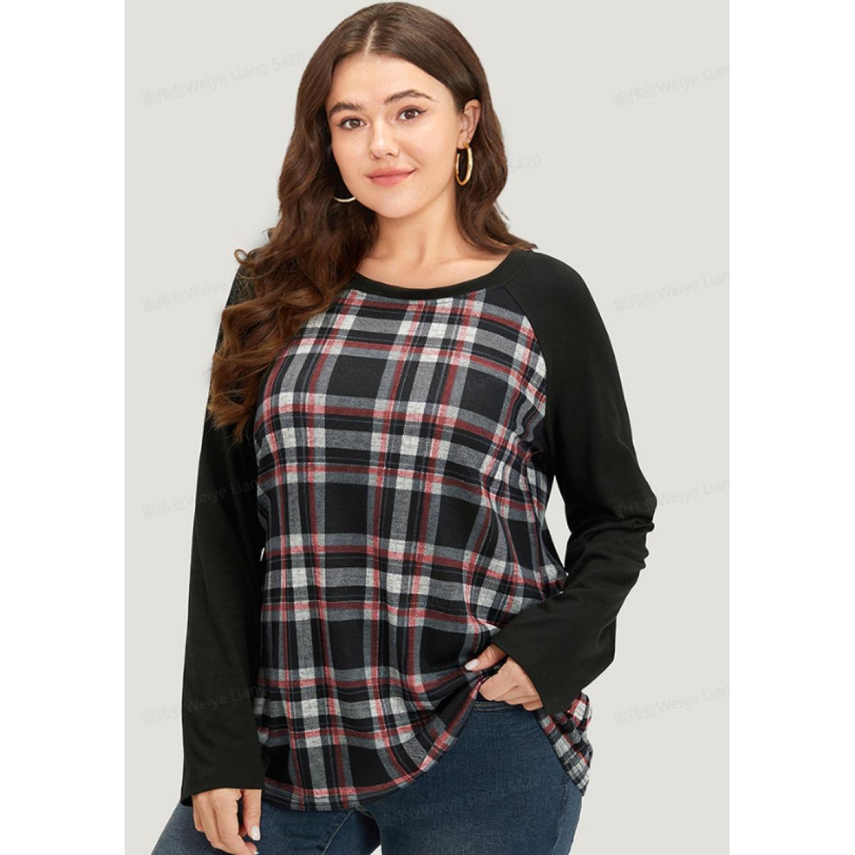 Plus Size Plaid Raglan Sleeve Crew Neck T-shirt Red Women Casual Patchwork Plaid Round Neck Dailywear T-shirts BloomChic 14-16/1X Product Image