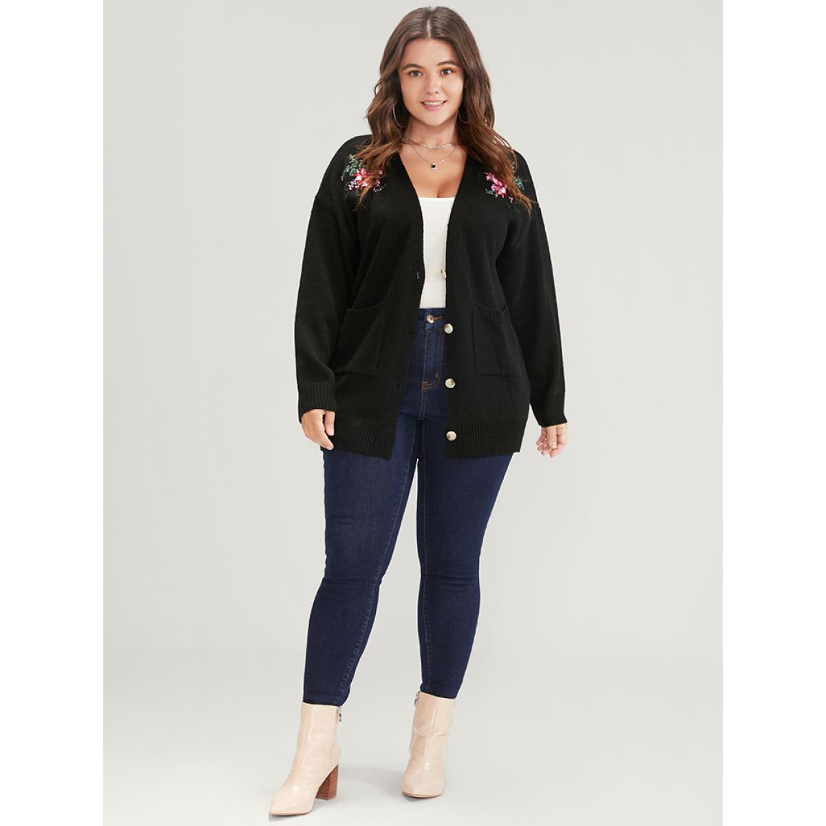 Plus Size Floral Embroidered Pointelle Knit Pocket Button Front Cardigan Black Women Elegant Long Sleeve Dailywear Cardigans BloomChic 18-20/2X Product Image