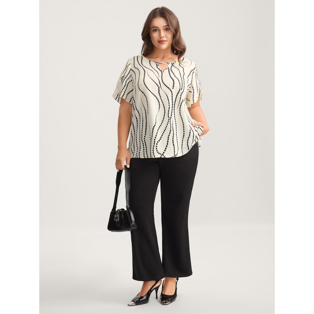 Plus Size Ivory Irregular Dots Print Petal Sleeve Blouse Women Short sleeve Notched collar Work Blouses BloomChic 22-24/3X Product Image