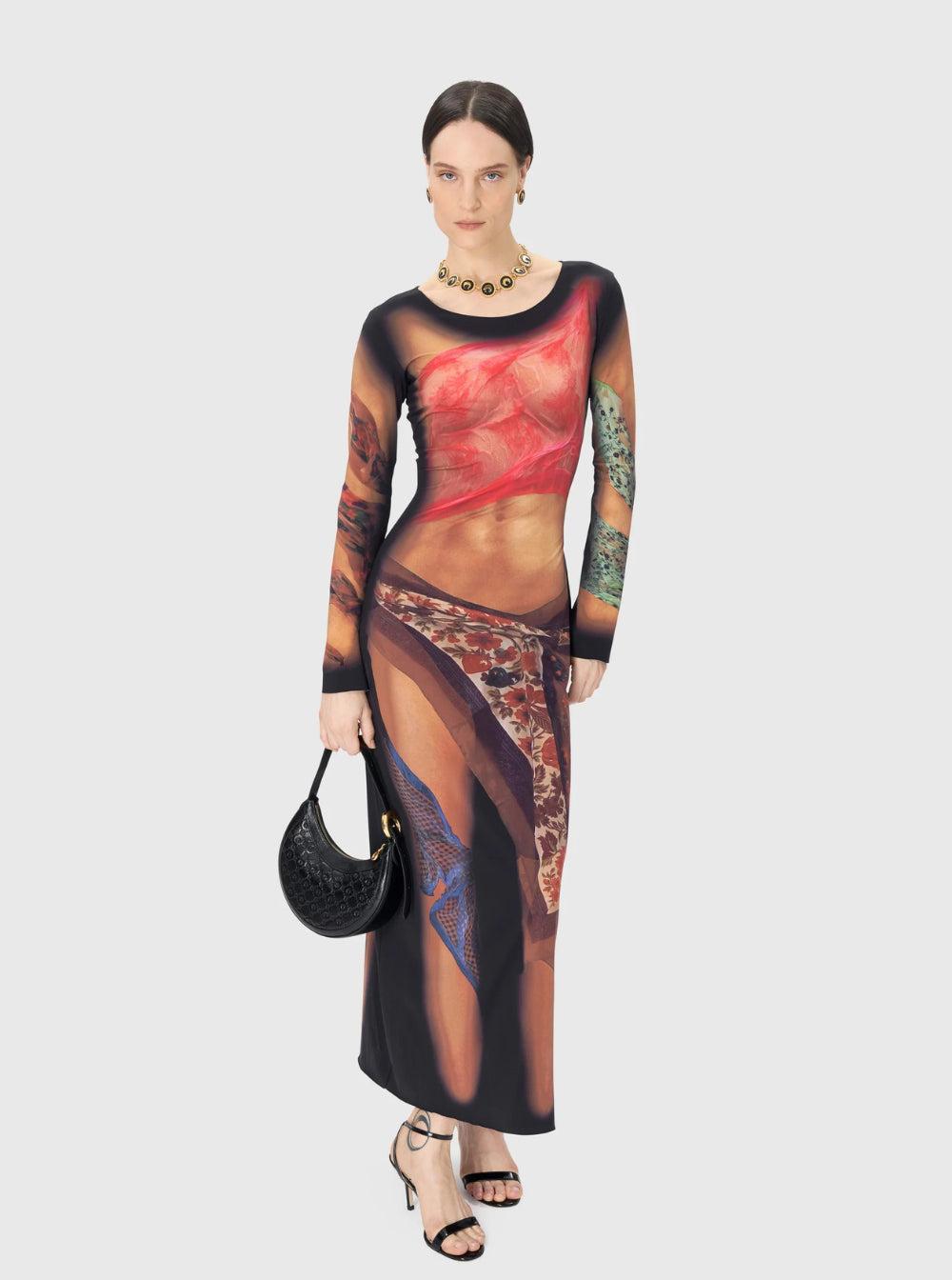 MARINE SERRE Multicolor Long Dress With All-over Graphic Print In Tech Fabric Woman In Beige Product Image