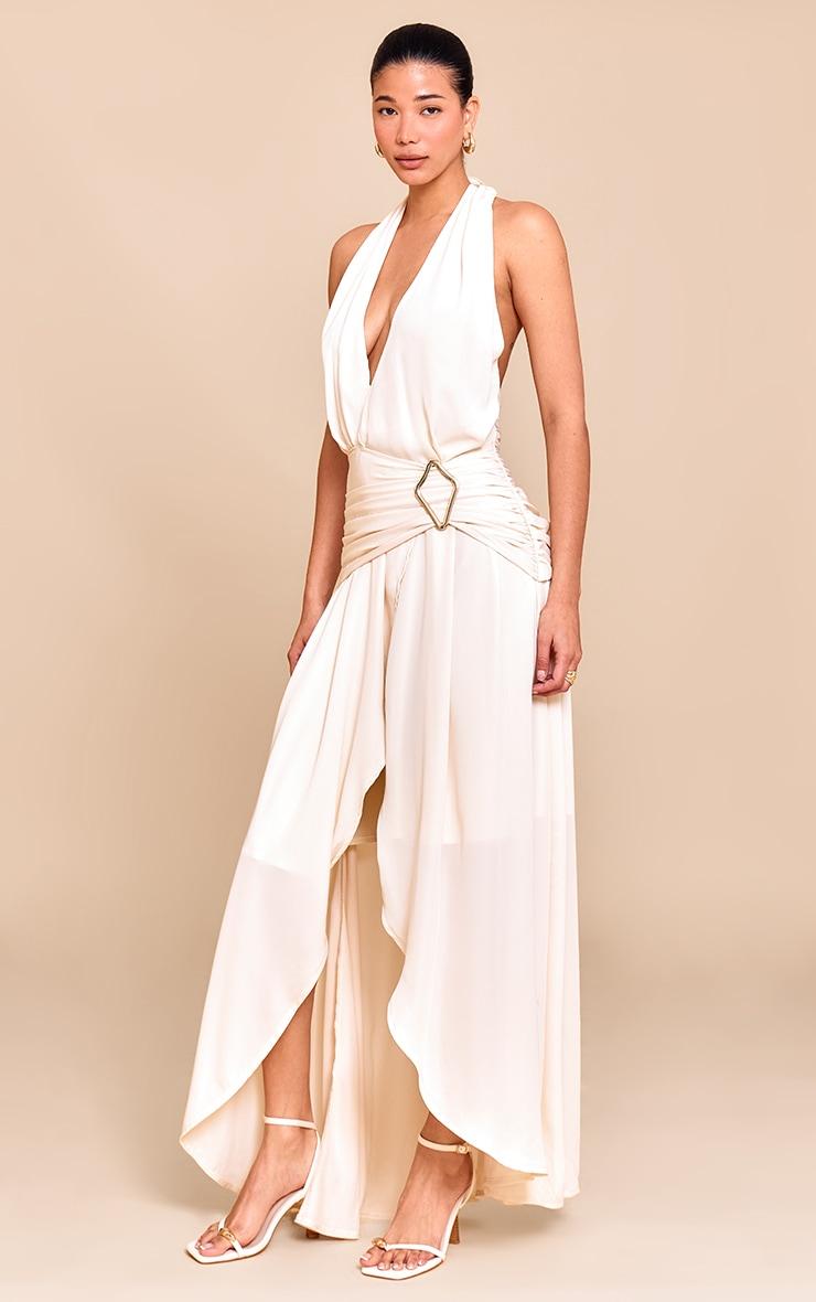 Natural Chiffon Plunge Trim Detail Maxi Dress Product Image