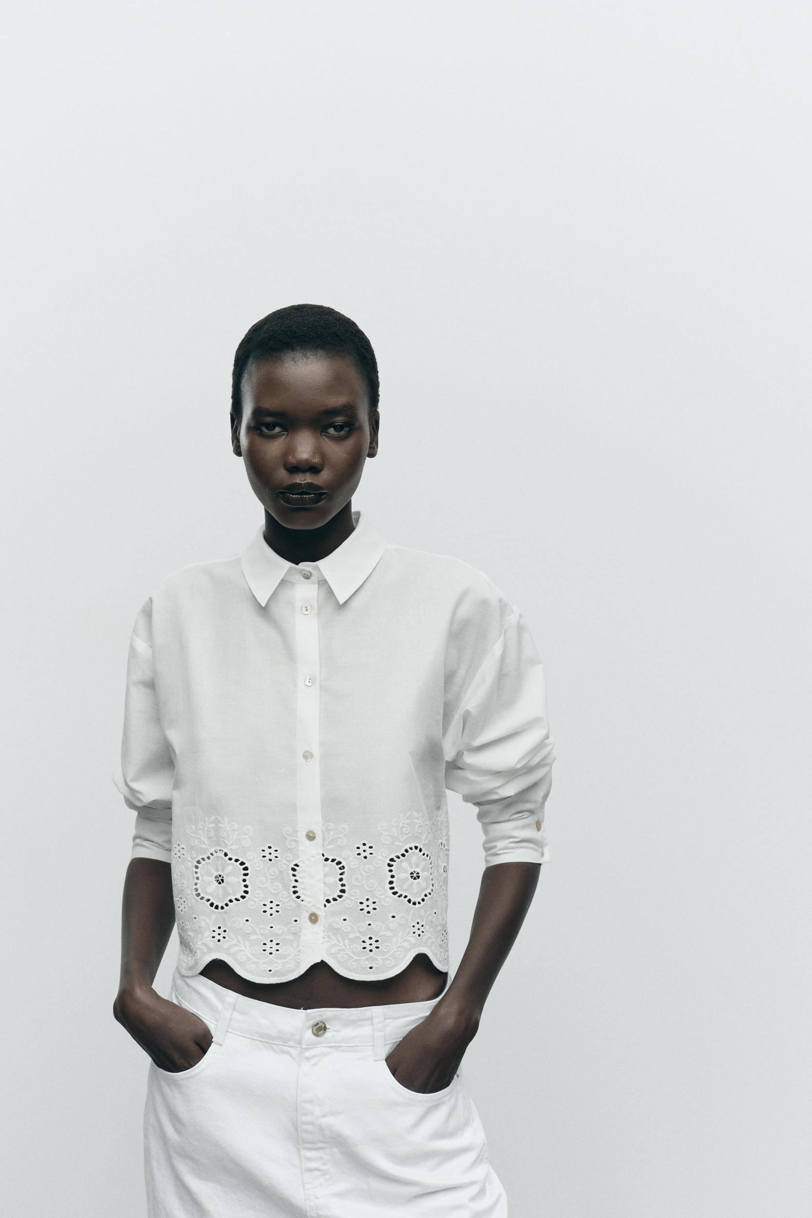 EMBROIDERED EYELET CROPPED SHIRT Product Image