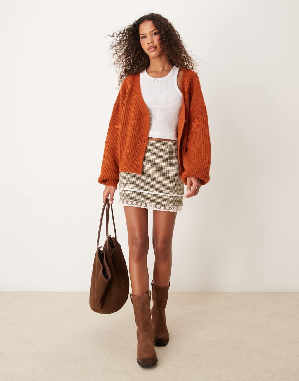 Miss Selfridge embroidered flower cardigan in chocolate Product Image