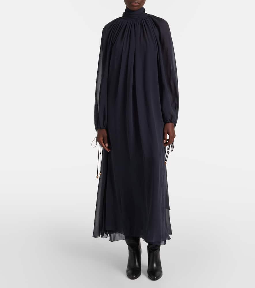 CHLOÉ Turtleneck Long-sleeve Swiss Dot Silk Maxi Dress In Black Product Image
