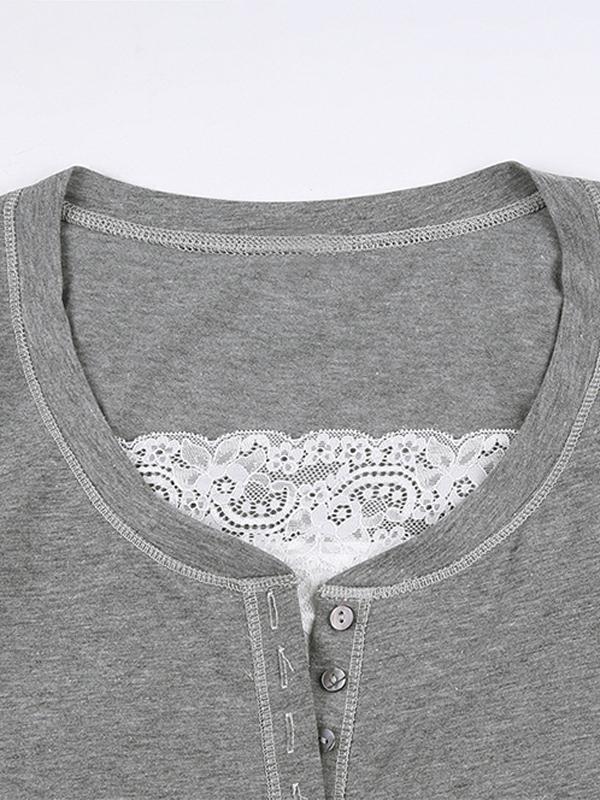 Patchwork Lace Buttoned Long Sleeve Tee Product Image