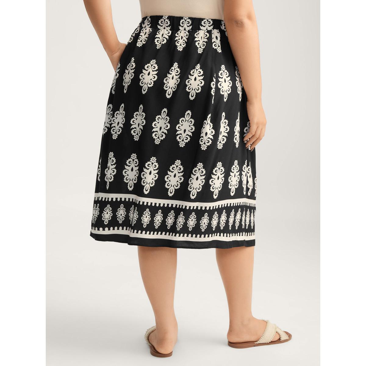 Plus Size Boho Print A-Line Midi Skirt Women BlackFlower Loose No stretch Side seam pocket Everyday-Casual Skirts BloomChic 12/L Product Image
