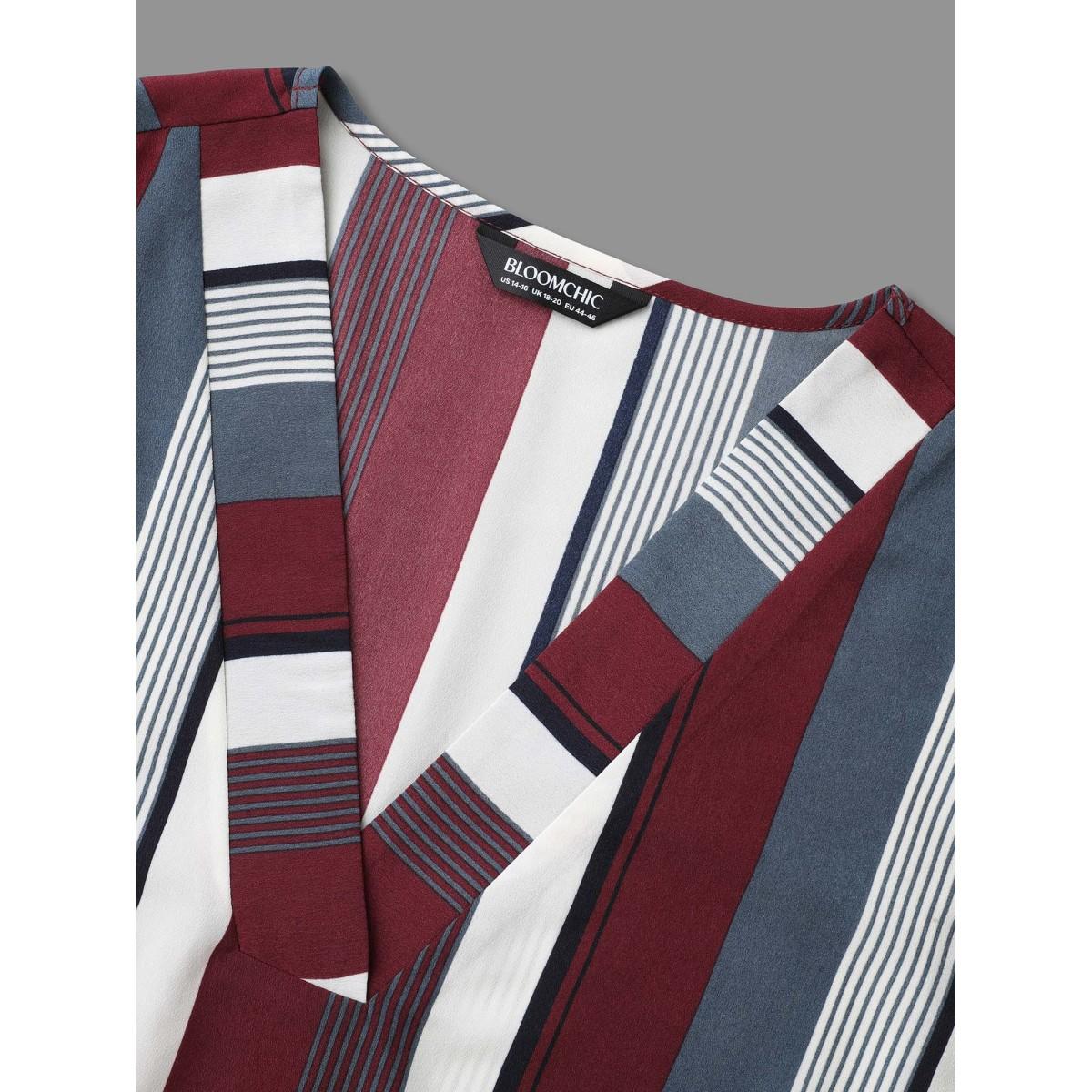 Plus Size Multicolor Vertical Striped V-Neck Tab Sleeve Blouse Women Office Elbow-length sleeve V-neck Office Blouses BloomChic 18-20/2X Product Image