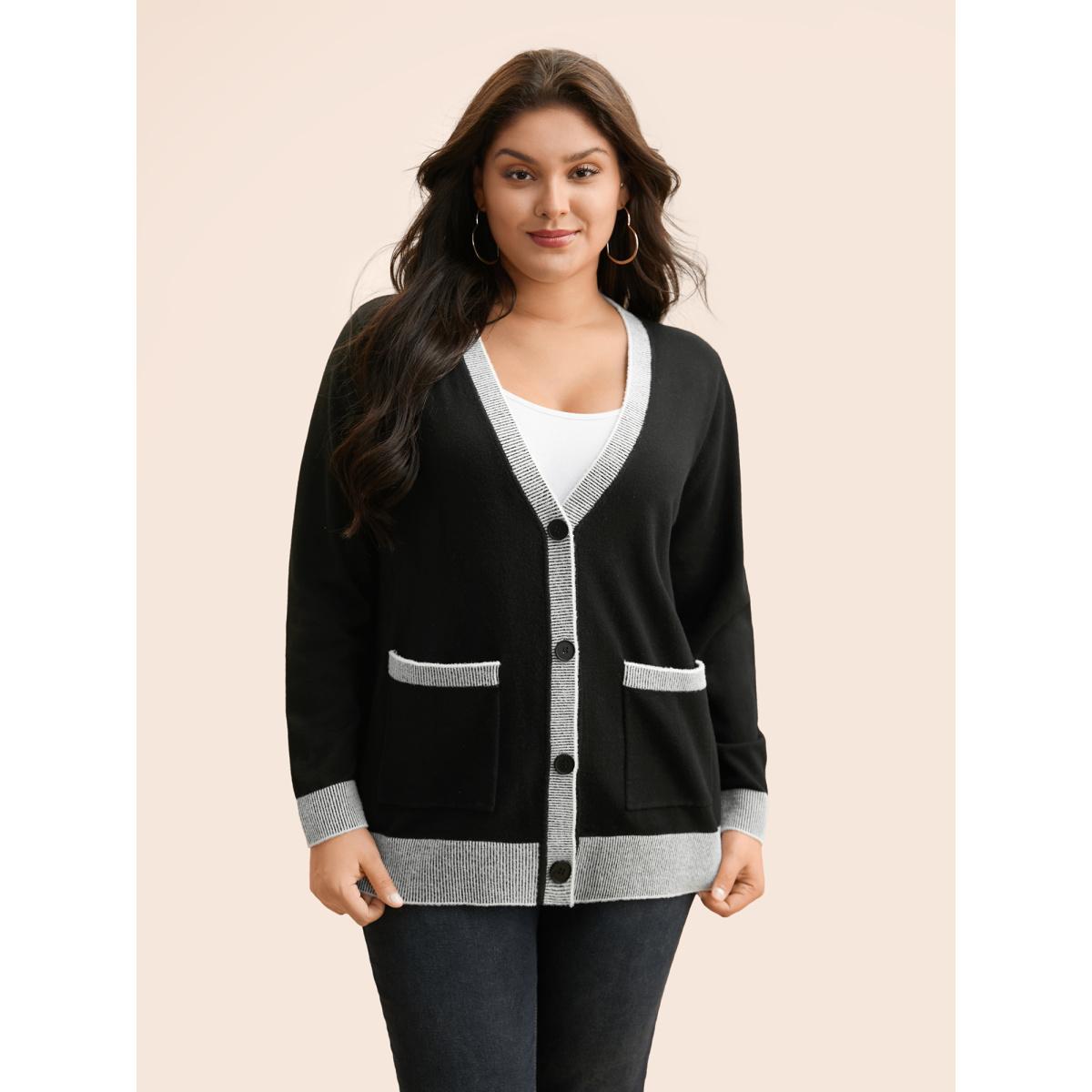 Plus Size Contrast Button Up Pocket Cardigan Black Women Leisure Long Sleeve Casual Cardigans BloomChic 10/M Product Image