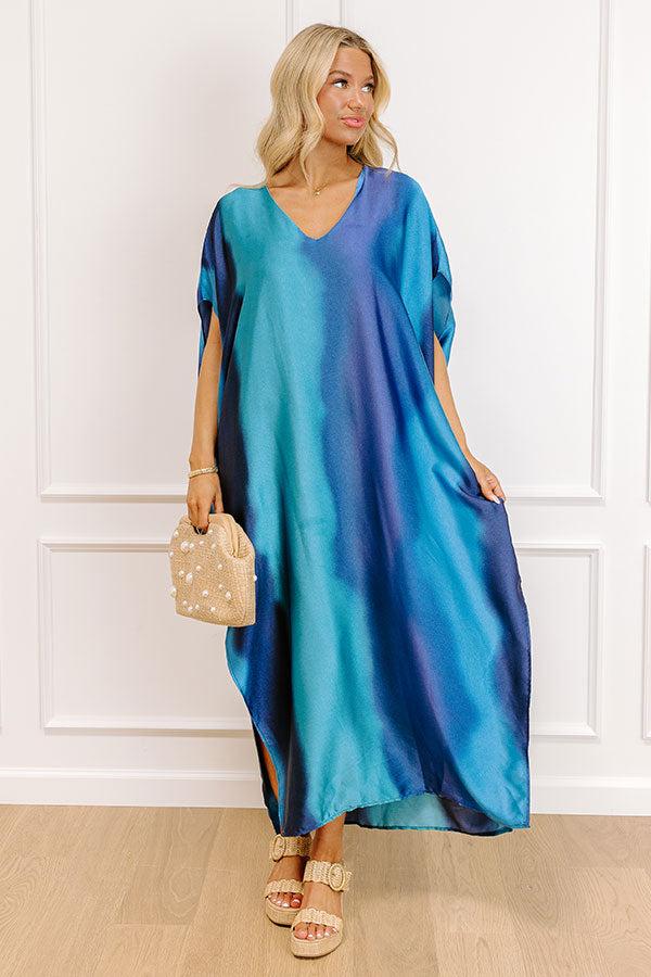 Moonlit Lagoon Satin Caftan Maxi Dress in Blue Product Image