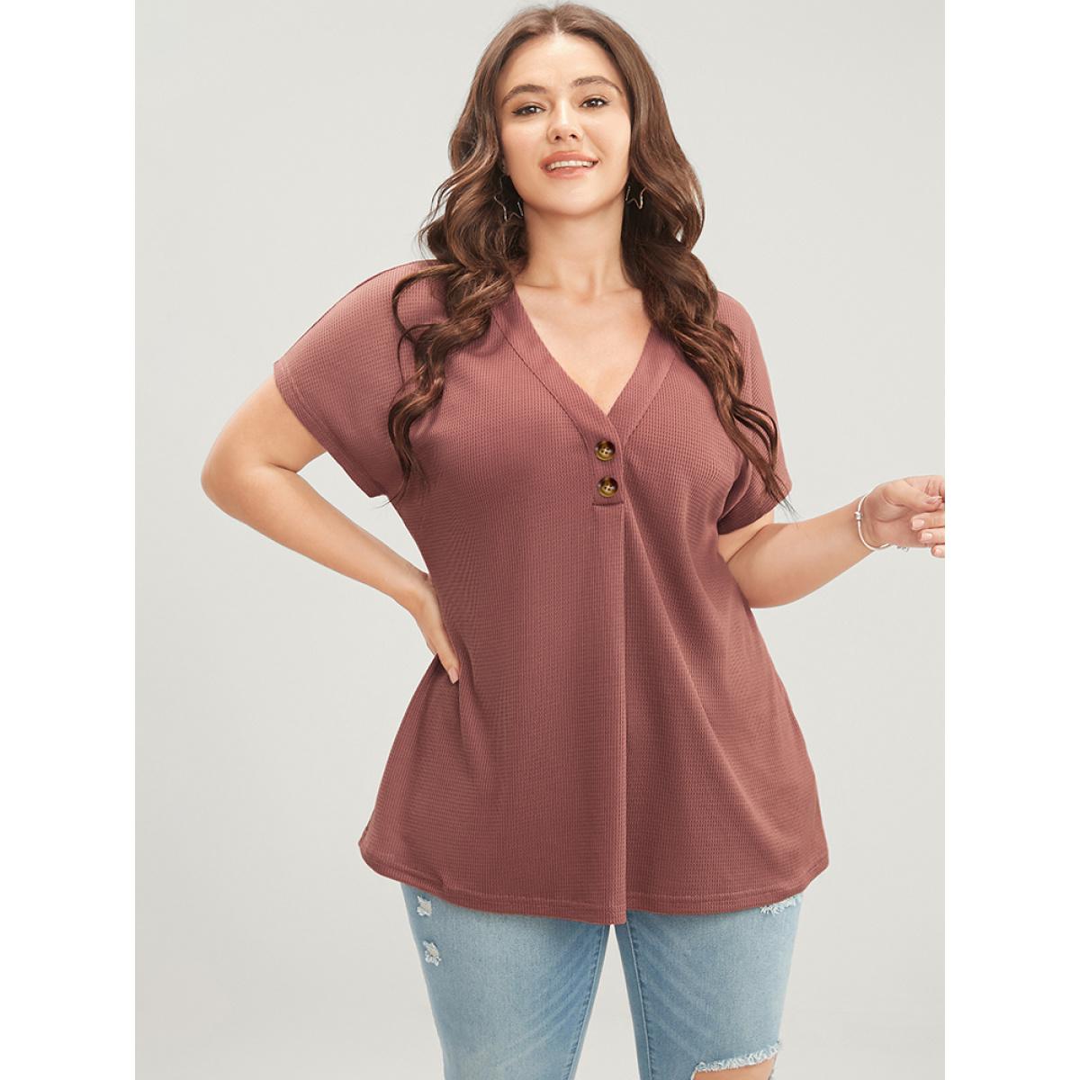 Plus Size Solid Dolman Sleeve Button Detail Waffle Knit T-shirt DustyPink Women Casual Button Plain V-neck Dailywear T-shirts BloomChic 30/6X Product Image