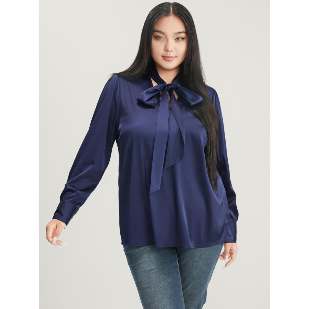 Plus Size Indigo Solid Knotted V Neck Satin Blouse Women Office Long Sleeve Tie Neck Office Blouses BloomChic 12/L Product Image
