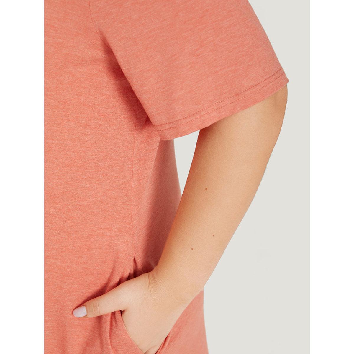 Plus Size Supersoft Essentials Letter Print Pocket Crisscross Neck Dress Coral Women Casual Plain Curvy Midi Dress BloomChic 18-20/2X Product Image