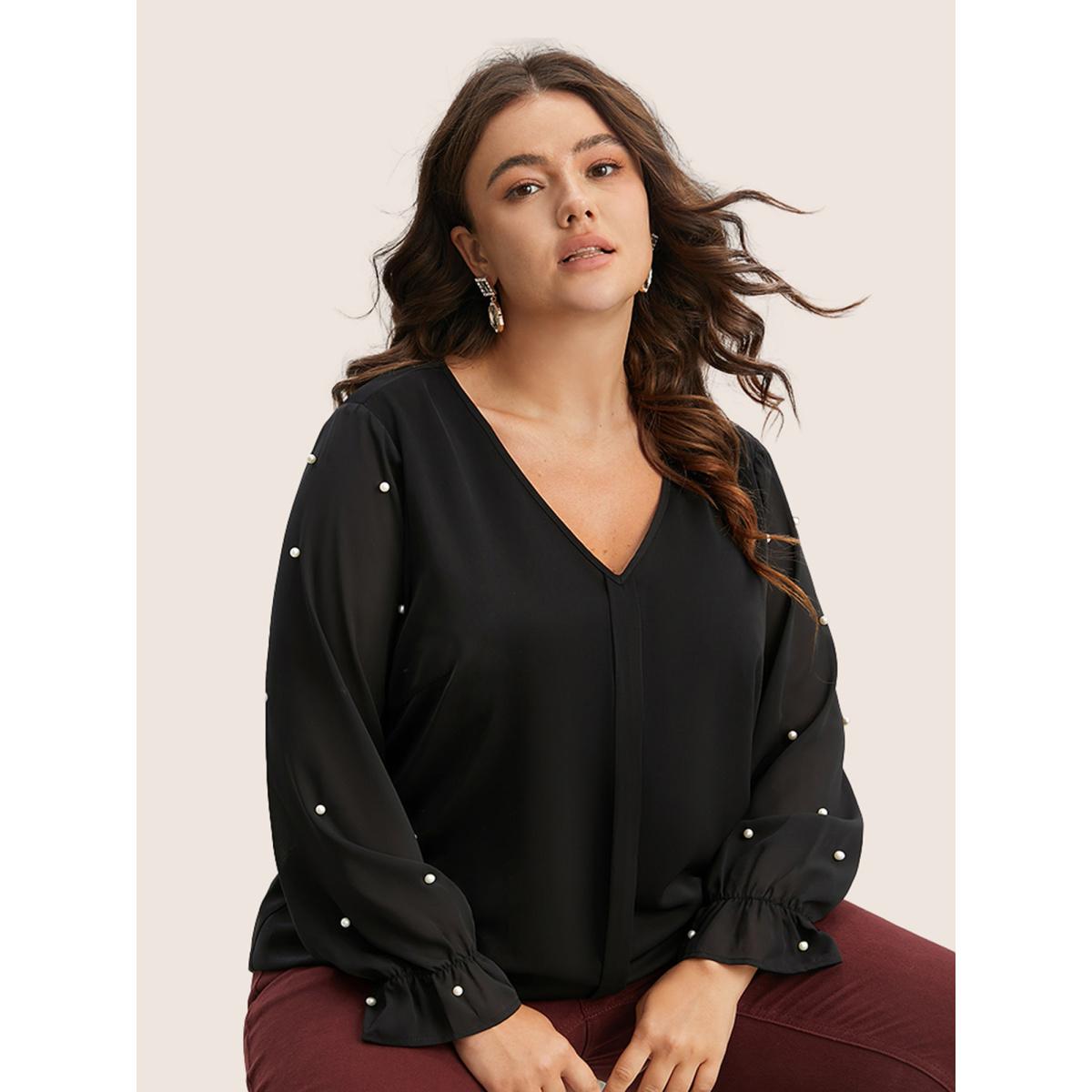 Plus Size Black Pearl Beaded Mesh Patchwork Ruffles Blouse Women Timeless Long Sleeve V-neck Elegant Blouses BloomChic 12/L Product Image
