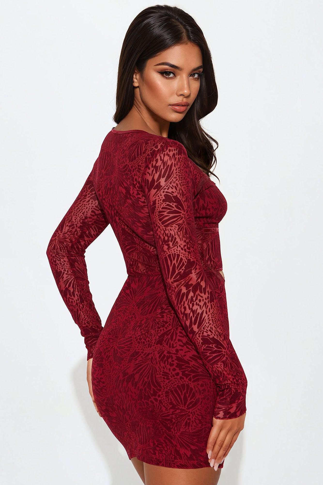 Alexa Longsleeve Mesh Mini Dress - Burgundy Product Image
