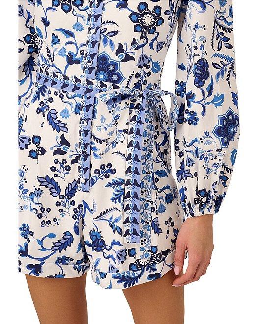 Adrianna by Adrianna Papell Cotton Floral Print V-Neck Long Sleeve Front Waist Tie Romper Product Image