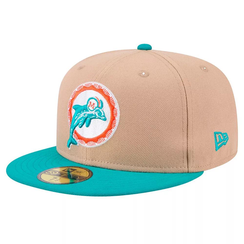 Men's New Era Tan Miami Dolphins  Throwback Logo Main 59FIFTY Fitted Hat, Size: 7 3/4, Team Product Image