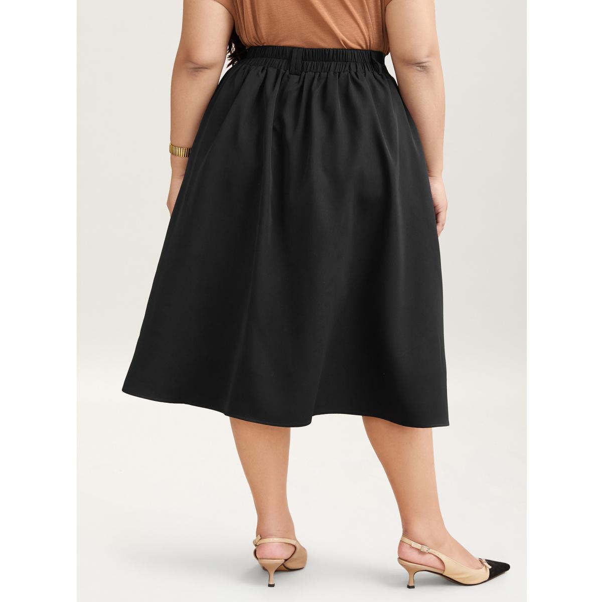 Plus Size Buckled Button Front Pleated Midi Skirt Women Black At the Office Pleated Low stretch Slanted pocket Work Skirts BloomChic 14-16/1X Product Image