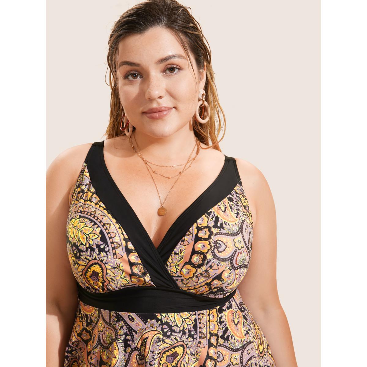 Plus Size Paisley Print Wrap Contrast Trim Swim Dress Women's Swimwear Black Beach Bodycon V-neck High stretch Curve Swim Dresses BloomChic 22-24/3X Product Image