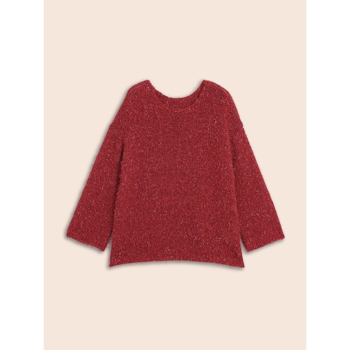 Plus Size Drop Shoulder Long Hair Yarn Pullover Scarlet Women Casual Loose Long Sleeve Round Neck Everyday Pullovers BloomChic 12/L Product Image