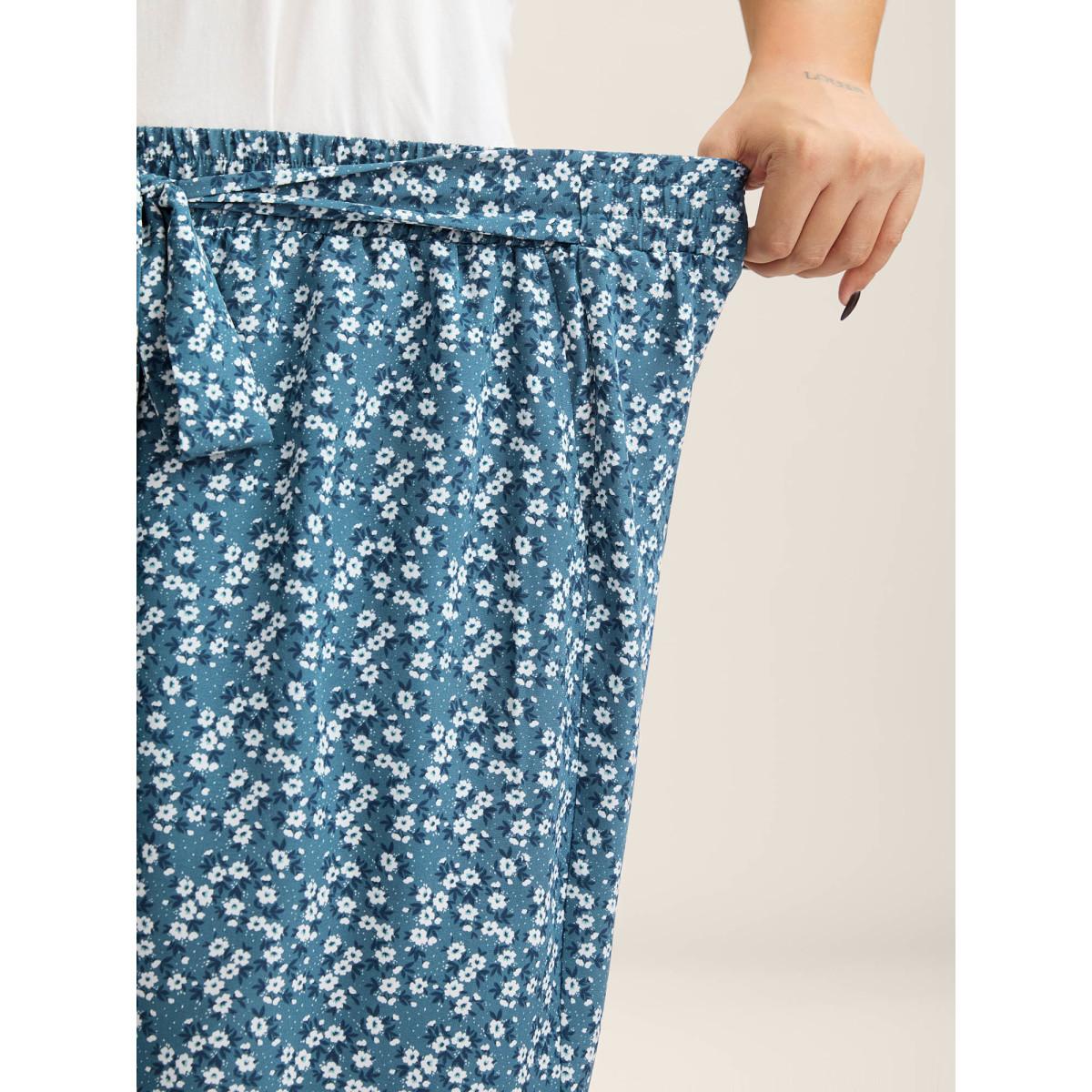Plus Size Floral Print Belted Wide-Leg Pants Women Mediumblue Elegant Wide Leg Mid Rise Elegant Pants BloomChic 10/M Product Image