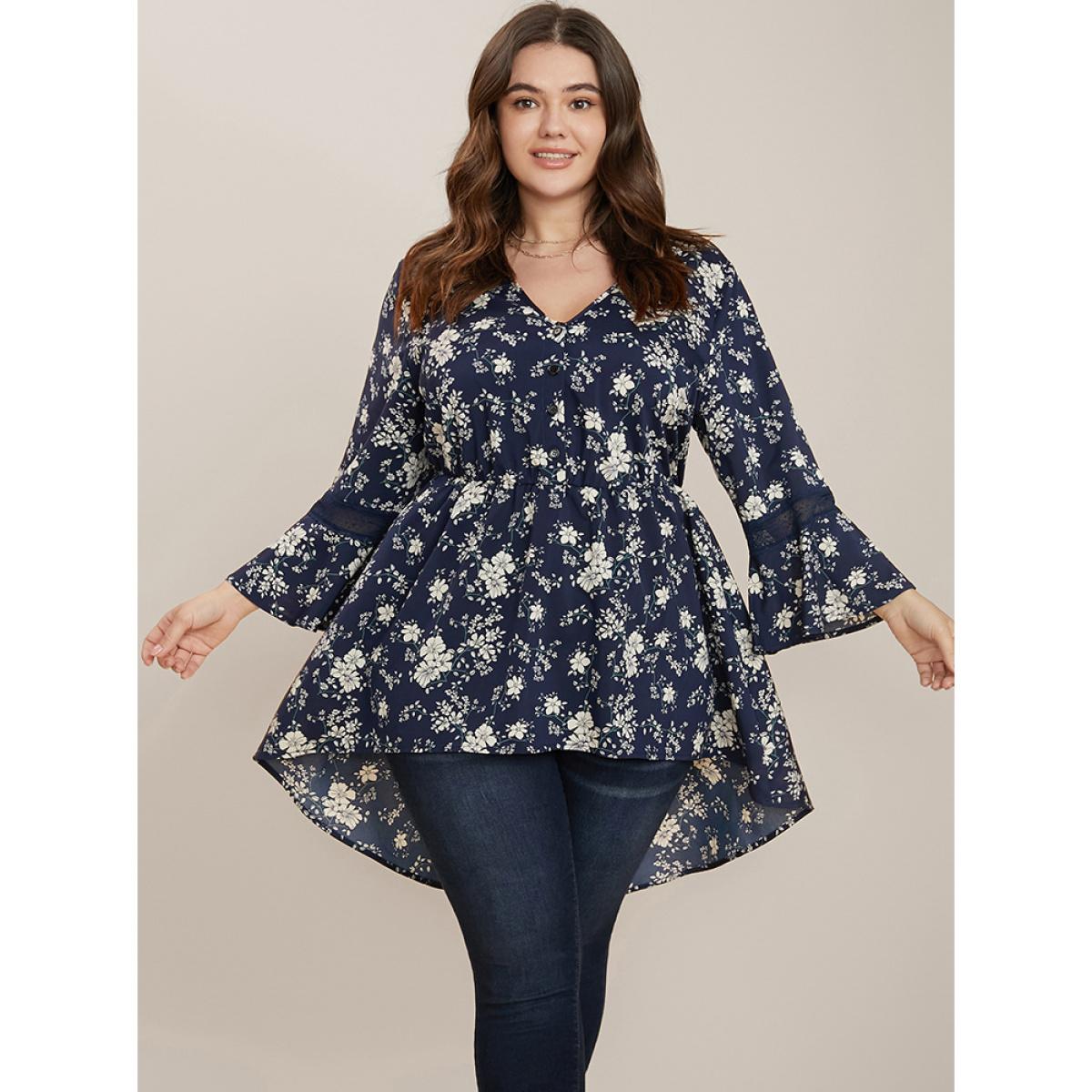 Plus Size Indigo Floral Bell Sleeve Button Through High Low Hem Blouse Women Elegant Elbow-length sleeve V-neck Dailywear Blouses BloomChic 26/4X Product Image