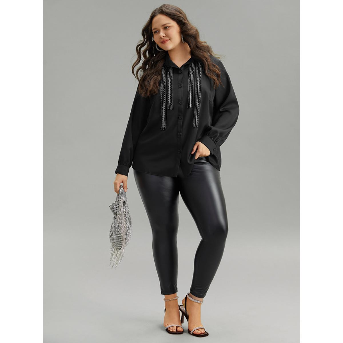 Plus Size Black Twill Rhinestone Contrast Webbing Button Through Blouse Women Glamour Long Sleeve Shirt collar Going out Blouses BloomChic 12/L Product Image