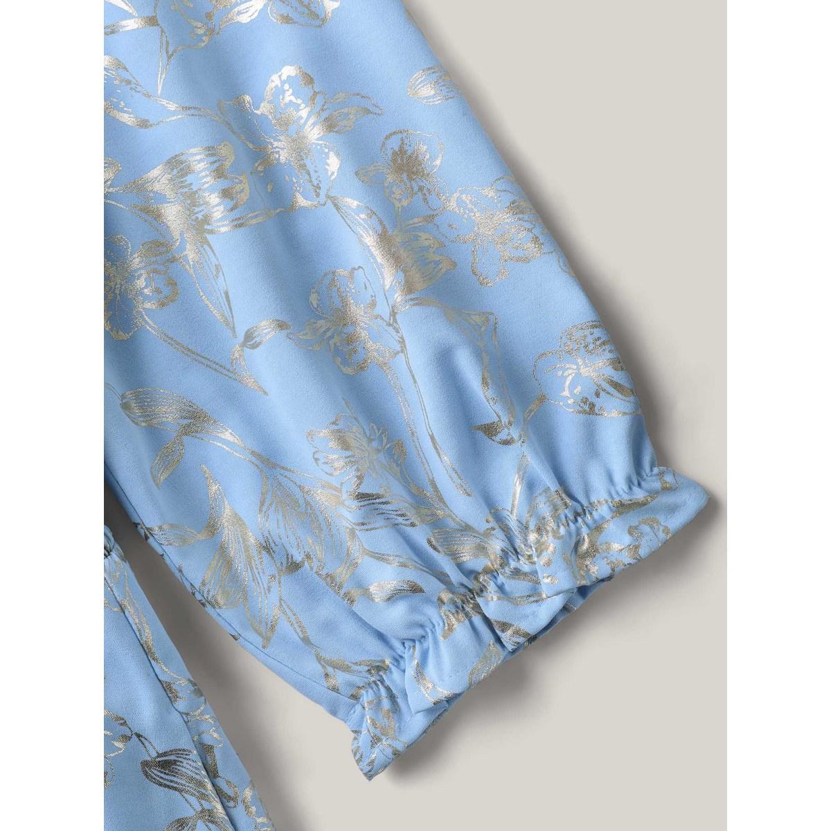 Plus Size Shimmery Textured Shirred Waist Maxi Dress LightBlue Women V-neck Elbow-length sleeve Curvy BloomChic 10/M Product Image